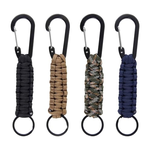 Paracord Schlüsselanhänger, Schlüsselkette mit Karabiner Paracord Anhänger, 4 Stück Paracord schlüsselband Kurz Geflochtene Karabinerhaken mit Band für Messer,Schlüssel,Outdoor,Camping,Angeln,Rucksack