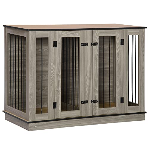 PawHut Tierkäfig Hundehütte mit herausnehmbarem Trennwand Hundebox Hundekäfig Haustierkäfig innen Dunkelwalnuss+Eiche 120 x 60 x 88,5 cm