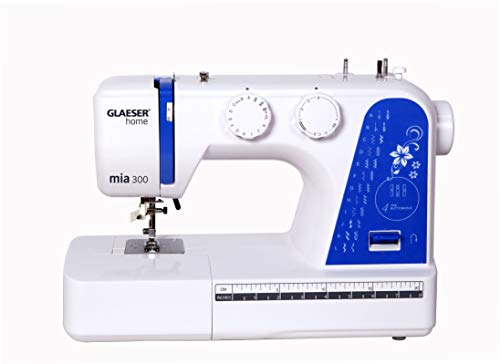 Nähmaschine easy GLAESER® home mia 300 | Anfänger Nähmaschine | Automatischer Einfädler | 24 Stich - Varianten | Kinderleichte Bedienung Weiß/Blau