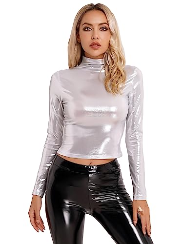 iEFiEL Damen Metallic Langarmshirts Slim Fit Stehkragen Crop Top Wetlook Top Hippe Tanztop Karneval Fasching Festival Kostüm Oberteile X Silber S