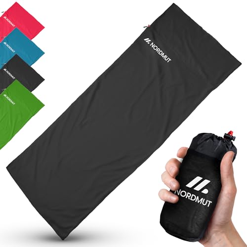 NORDMUT® Hüttenschlafsack Mikrofaser Ultraleicht - Sommerschlafsack Kleines Packmaß & Atmungsaktiv - Schlafsack Dünn & besonders weich inkl. Kissenfach [220 x 90 cm]