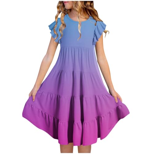 Kleider für Mädchen Einfarbig/Farbverlauf Sommerkleid Rüschenärmel Kleid Sommer Mädchenkleider A-Linie Freizeitkleid Kurzarm Kinderkleider Knielange Strandkleid, Dunkelblau, 140, 10-11 Jahre