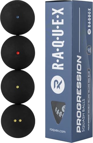 Raquex Progression Squashbälle – Tube mit 4 gemischten Bällen – 4 Geschwindigkeitsoptionen pro Tube –Red Dot, Blue Dot, Yellow Dot und Double Yellow Dot für Profi-Wettkämpfer. Von der WSF zugelassener