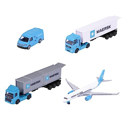 Majorette - Maersk Transport-Fahrzeug - 1 Modellauto aus Metall (Volvo Container-LKW, Man Truck oder Volkswagen Crafter mit Airbus A350-900), zufällige Auswahl, Spielzeug für Kinder ab 3 Jahre