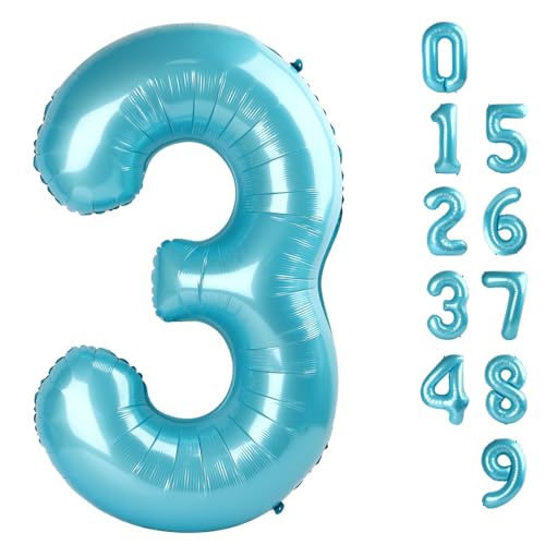 Luftballons Zahl 3 101.6 cm 3. Geburtstag Mädchen Dekorationen, Großer Pastellblauer Zahlenballon für drei Jahre alte Geburt Dekor, 13 30 31 Geburtstage Party Lieferant