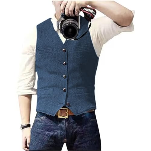 Solovedress Herren Casual Wolle Fischgrätmuster Anzug Weste V-Ausschnitt Tweed Weste für Hochzeit Groomsmen（Blau，L