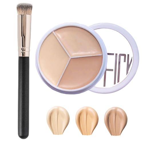 Full Cover Concealer Palette, 3 in 1 Concealer Creme, 3 Farben Concealer Contour mit Brush, Corrects Dark Circles Red Marks & Softens Fine Lines, Highlight Contours, Wasserdicht Langanhaltend