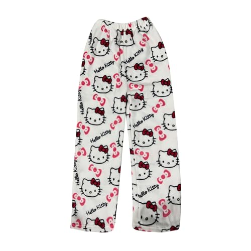 Schlafanzug Damen Hosen Lang Flanell Hello Kitty Pyjama Hose Damen Schlafhose Weich Kawaii Pyjamas Anime Bequeme Winter Schlafanzughose