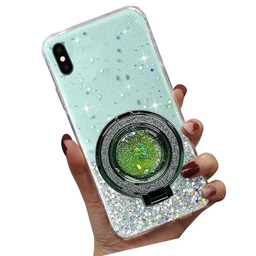 Tivenfezk Nadoli Sparkle Treibsand Ständer Hülle für iPhone XR,Versteckt Ständer Ring Klar Glitzer Stern Handyhülle Durchsichtig Bling Schutzhülle Case Cover,Grün