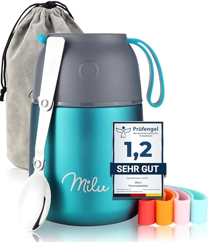 Milu® Thermobehälter 450, 650ml, 800ml | Edelstahl Warmhaltebehälter | Essensbehälter | Speisegefäß Babynahrung | Essen warmhalten Behälter | Thermo Lunchbox | Müsli to go | Grün, 450ml