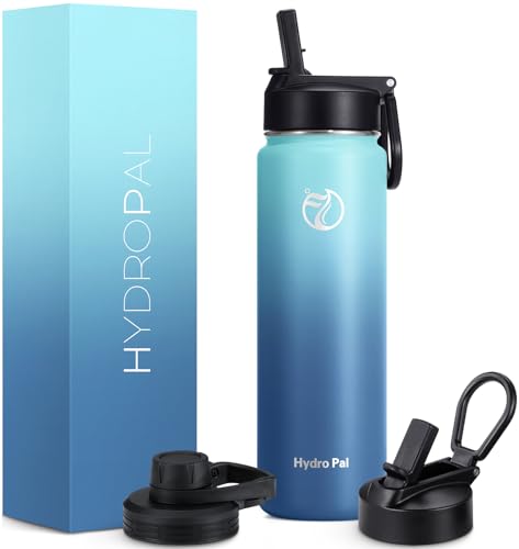 HydroPal Edelstahl Trinkflasche - 750ml, 1L, 1,2L, BPA-Frei, Kohlensäure geeignet, Isolierte flasche mit Strohhalm & 2 Deckel, Auslaufsichere Isolierflasche für Kinder, Sport, Fitness