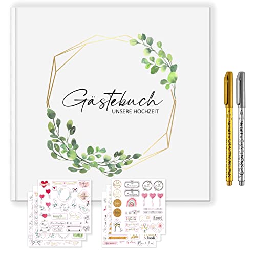 CAVOADO Gästebuch Hochzeit mit Gratis Sticker + Metallic Stifte 120 Seiten Hochzeitsgästebuch Eukalyptus Vintage Wedding Guestbook Hochzeitsdeko Brautpaar