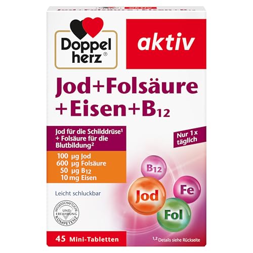 Doppelherz Jod + Folsäure + Eisen + B12 - Mit Folsäure als Beitrag für die normale Blutbildung – 45 vegane Mini-Tabletten