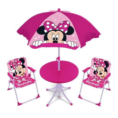 ARDITEX WD16123 Tisch-Set (50 x 50 x 48 cm), 2 Stühle (38 x 32 x 53 cm) und Sonnenschirm (Durchmesser 110 cm) von Disney-Minnie