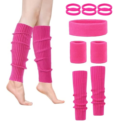 Puedno 80er Jahre Neon Pink Beinwärmer Set, Schweißband Set, Strümpfe Haarband Stulpen 80er 90er Jahre Accessoires für Damen