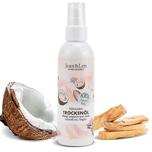 Jean & Len Nährendes Trockenöl Kokos & Sandelholz, für den Körper & das Gesicht, pflegt intensiv & zieht schnell ein, auch für die Haarspitzen geeignet, Hautöl, ohne Parabene & Silikone, vegan, 100 ml
