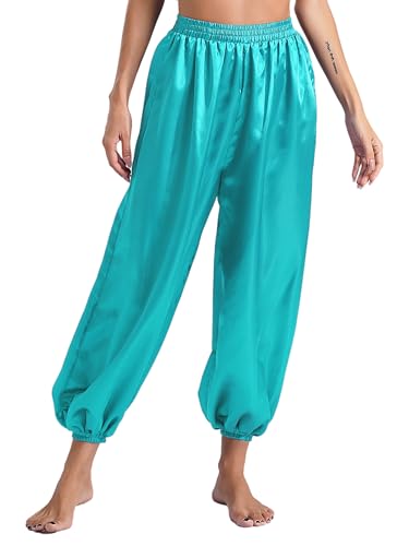Jhaoyu Damen Satin Laterne Hosen Bauchtanz Haremshose Seide Lose Bauchtanz Kostüm Pumphose für Bauchtanz Yoga Pilates Party Performance Cyan M