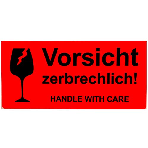 BT-Label 250 Warnetiketten Aufkleber 10,2 x 4,8 cm neon leuchtrot Umzugs-Etiketten Vorsicht zerbrechlich Glas Bruchgefahr Paketaufkleber handle with care