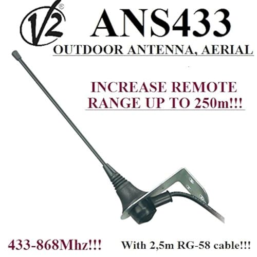 V2 ANS433 Außenantenne für Jede Torautomatisierung, 433 bis 868 MHz, 50 Ohm, Reichweite bis 250 m