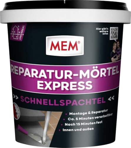 MEM Reparatur-Mörtel Express, Extrem schnell erhärtender Zementmörtel, Speziell für Schnellmontagen, Erreicht Endfestigkeit in nur 15 Minuten, 1 kg, Grau