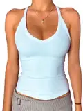 Danysu Tank Top Damen Mit Integrierter BH Sexy V-Ausschnitt Spaghetti Top Ärmellos Sommer Gerippt Tanktops Sport Oberteile Basic Shirt Camisole Einfarbig Blue Ice, Mittel