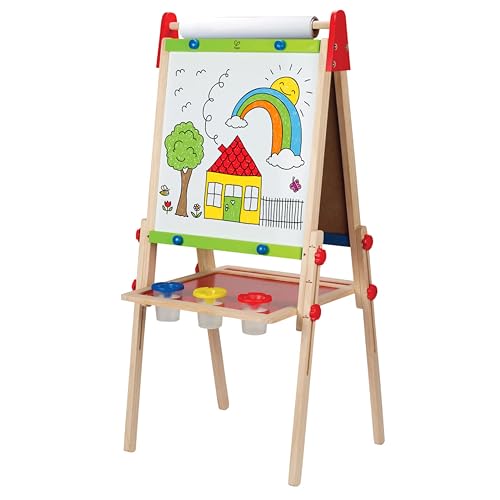 Hape Kinder Spiel-Tafel aus Holz| Preisgekrönte doppelseitige Kindertafel höhenverstellbar mit Papierrolle, Kreidetafel, Whiteboard, Magnete und 3 Malschüsselchen