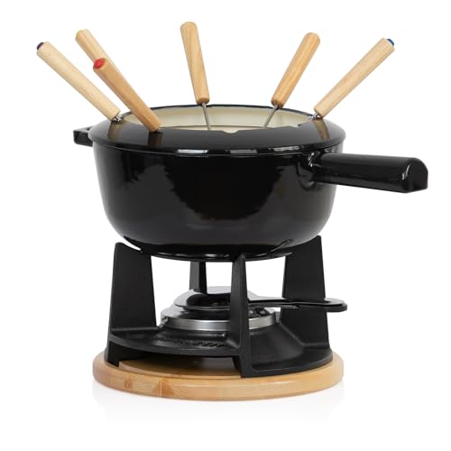 Mahlzeit Gusseisen Fondue Set für 6 Personen | 2 Liter | Fondueset 13 teilig mit Brenner und Gabeln | Fondue-Set, Käsefondue Set, Fleischfondue Set, Schokofondue Set (Schwarz emailliert)