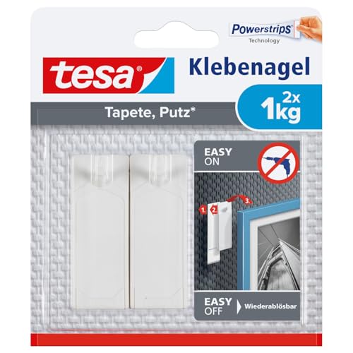 tesa Klebenagel für Tapeten und Putz 1kg - Selbstklebende Nägel für empfindliche Oberflächen - rückstandslos - Bis zu 1 kg Halteleistung pro Nagel - 2 Klebenägel
