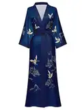 EORUBE Damen Morgenmantel Lange Satin Kimono Robe Blumen Seidiger Bademantel Brautjungfer Morgenmantel (Navy - Kranich und Kiefer)