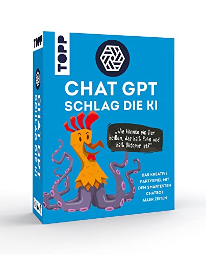 ChatGPT – Schlag die KI. Das kreative Partyspiel mit dem smartesten Chatbot Aller Zeiten: „Erfinde einen Namen für EIN Tier, halb Hahn, halb Oktopus!“ 200 Aufgaben