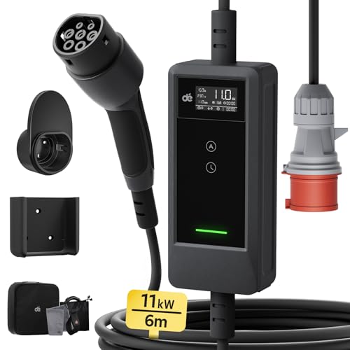 dé Mobile Wallbox/Ladestation 11kW [6m|3-phasig|6-16A] mit Einstellbarer Ladeleistung, Ladekabel CEE 16A auf Typ 2 und EV Ladegerät für Model Y/3, ID.3/4/5, MG4, EX30, e-up, e-tron und BEV/PHEV