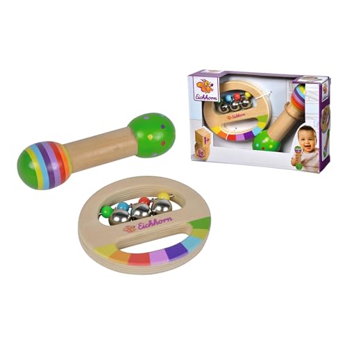 Eichhorn - 2 teiliges Musik Set, enthält Greifling mit Glocken und Stab mit Geräusch, Bunte Musikinstrumente aus Holz, ab 1 Jahr