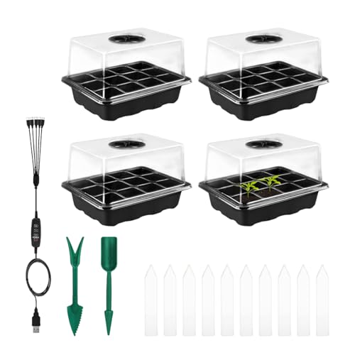 Starterschale mit wachsen leichten Sämlingsschalen mit Kuppel-12 Cell Starter Tabletts mit erhöhten Deckeln,Ausbreitungsbox Einstellbarer Helligkeit Timing -Controller, zum Anbau von Keimung, Garten