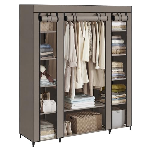 SONGMICS, Kleiderschrank aus Stoff, tragbar, für das Schlafzimmer, Kleiderständer mit Stoffabdeckung, 45 x 150 x 175 cm, 12 Fächer, Metallstruktur, Taupe, LSF003R02