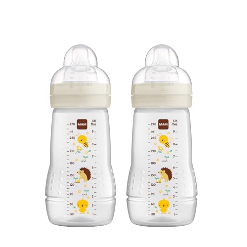 MAM Easy Active Trinkflasche im 2er-Set (270 ml), Baby Trinkflasche inklusive MAM Sauger Größe 1 aus SkinSoft Silikon, Milchflasche mit ergonomischer Form, 0+ Monate, Biene/Igel