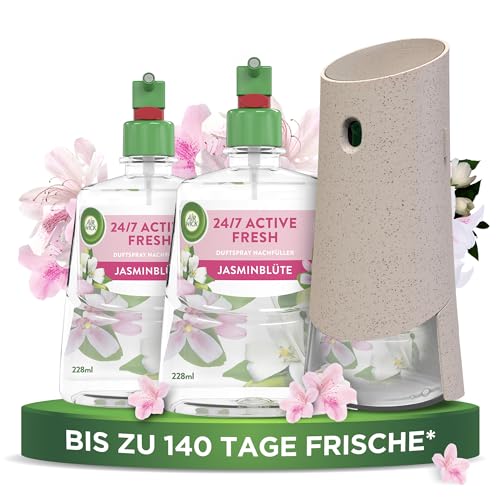 Air Wick Active Fresh – Starter Set – Aeorosolfreier, automatischer Lufterfrischer – Raumduft Jasminblüte – 2 x 228 ml Nachfüller + Gerät