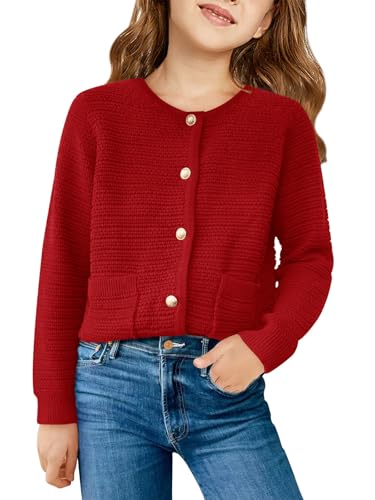 Haloumoning Mädchen Rundhals Cardigan Langarm Strickjacke Pullover Kinder Mode Leichter Strickpullover, Weinrot, 9-10 Jahre