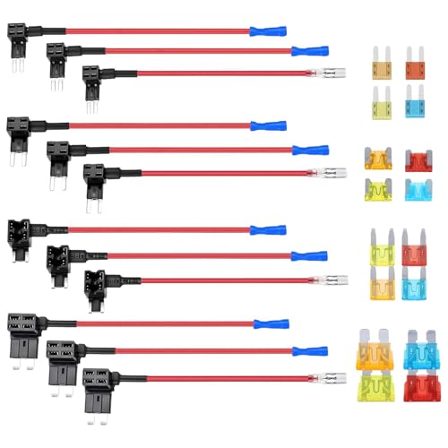 Stromdieb Kfz,12 Stück 4 Typen Stromdieb Sicherung Kfz Standard, Piggyback Sicherungshalter mit Autosicherungen 5A 10A 15A 20A für Auto, Lkw, Motorrad, Boot, etc(ROT,Size:173MM)