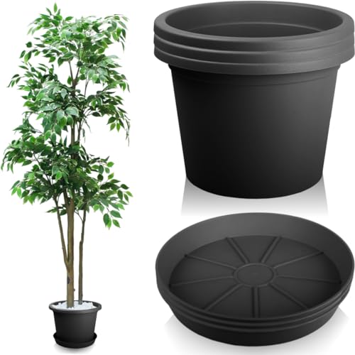 Stimo 3X Blumentopf 34cm mit Untersetzer 30cm Grau Pflanzkübel Kunststoff Pflanztopf Rundtopf (Anthrazit)