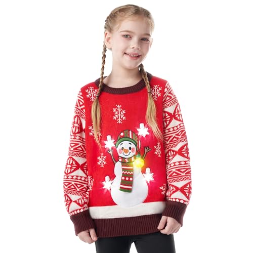 JOYIN Kinder Mädchen Schneemann Roter hässlicher Pullover mit Glühbirne, neuartiger LED-beleuchteter Langarm-Pullover mit Weihnachtsstrickmuster für die Weihnachtsfeier