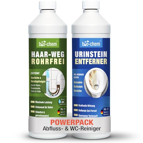 bio-chem Badezimmer Reinigungsset 2-teilig: Haar-Weg Abflussreiniger 1 l + Urin- und Kalksteinentferner 1 l - Rohrreiniger, WC-Reiniger, Kalkentferner, Geruchsneutralisierer, Geruchsbekämpfer