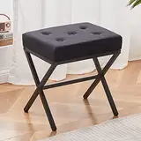 Mxfurhawa Ottoman Fußstütze Hocker Samt getuftet Vanity Hocker verdickte Kissen Fußhocker Schuhwechsel Sitz Schritt Hocker mit Metall X Beine für Wohnzimmer Schlafzimmer (Schwarz)