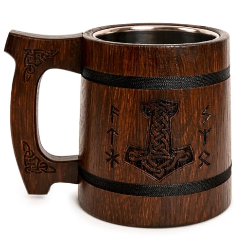 TESLYAR Wikinger Becher 0.6 L Eichenholz Braun - Mittelalter Thor Becher für Bier | Tankard Bierkrug Mit Gravur Thors Hammer und Runen | Ideales Bier Geschenk, Maßkrug Holzbecher Geschenk für Männer