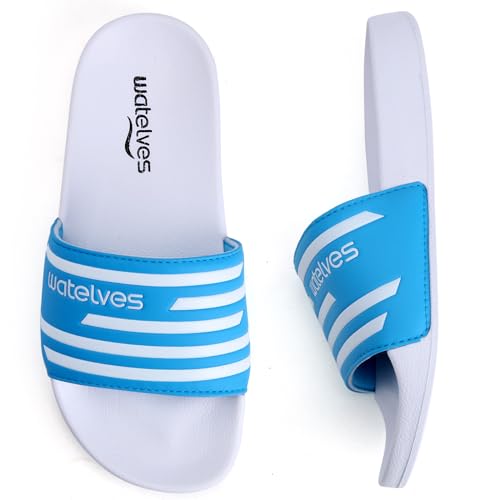 WateLves Badelatschen Kinder Sommer Hausschuhe Badeschlappen Jungen Mädchen Rutschfeste Dusch Badeschuhe Strand Sandalen(Gestreift Weiß 34/35EU)