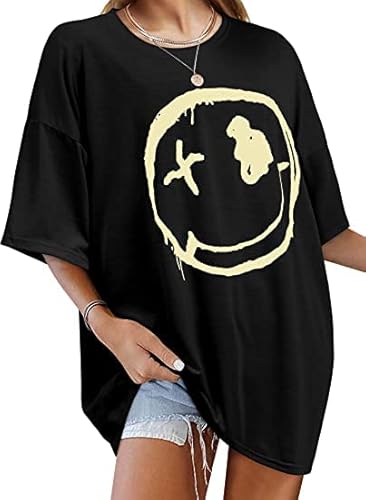 WIEIYM Tshirt Damen Rundhals Kurzarm Oversize Bedrucken T-Shirt Kausale Breite Schulter T-Shirt Damen Sommer Oberteile Sweatshirt Tops,Schwarz,XL