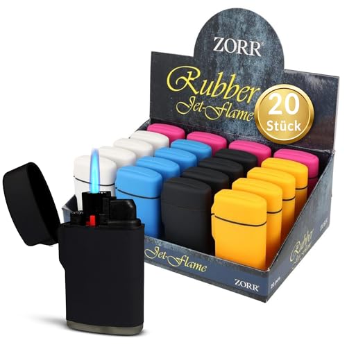 Zorr® Sturmfeuerzeug 20er Box Farbmix – Hochleistungs-Jetflame bis 1300 °C, Premium Soft-Touch Oberfläche, Windresistent, Nachfüllbar & Einstellbare Flamme, Outdoor, Camping (Farbmix 20er Box)