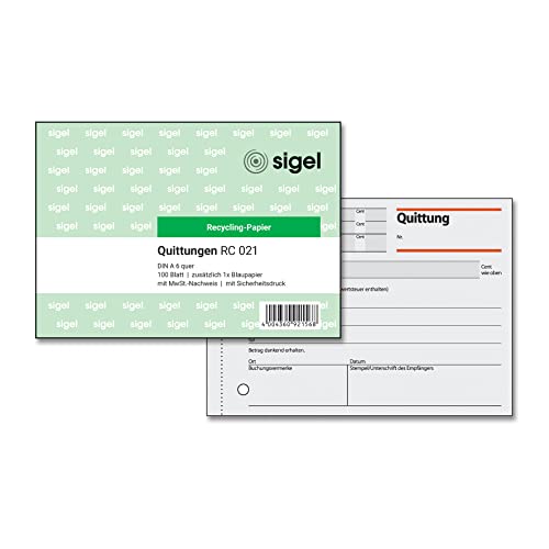 SIGEL RC021 Quittungsblock A6 quer, aus Recycling-Papier, 100 Blatt