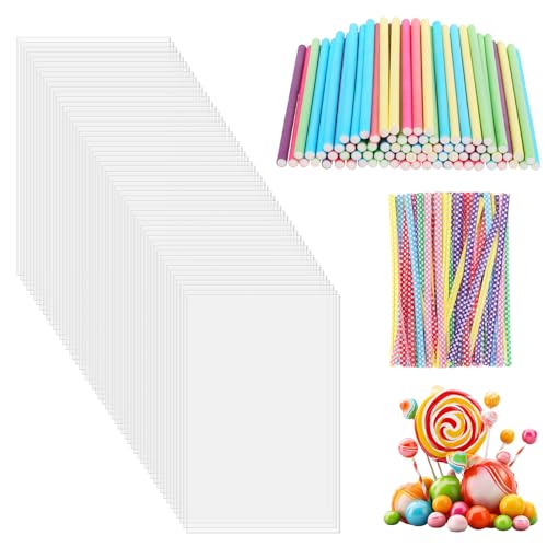 300 Stück buntes Lollipop Sticks Set Cake Pop Sticks Set, 100 Cake Pop Stäbchen 100 durchsichtige Cake-Pop-Tüten mit 100 Drehbindern Cake Pop Ständer Cake Pop Form Weiße Lollipop Sticks