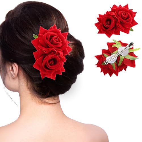Ptwola Haarspange mit Rosenblüten Roter Flanell Bohemia Blumen-Haarnadeln Braut-Kostüm Haardekor Accessoires Elegante Kopfschmuck für Damen, Mädchen, Tänzerin, Party, Hochzeit