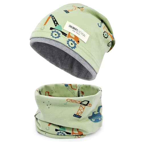 beifon Kinder Beanie Mütze & Loop Schal Set, 95% Baumwolle Mütze Schal Set Mädchen Jungen 2-8 Jahren, Schlauchschal Warme Wintermütze Strickmützen für Herbst Winter Frühling(Grün)